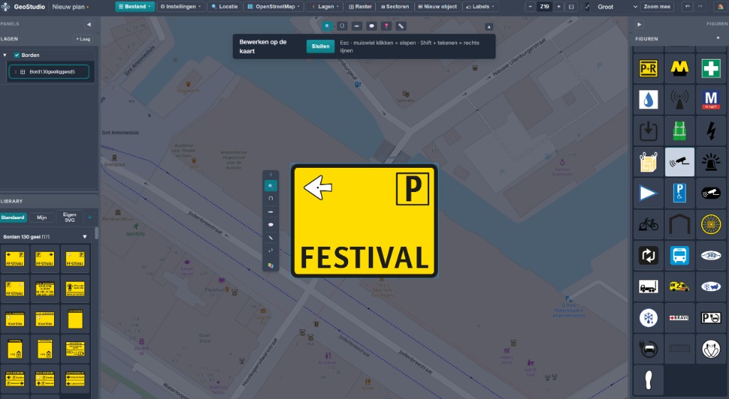GeoStudio met gele evenementenborden op OpenStreetMap